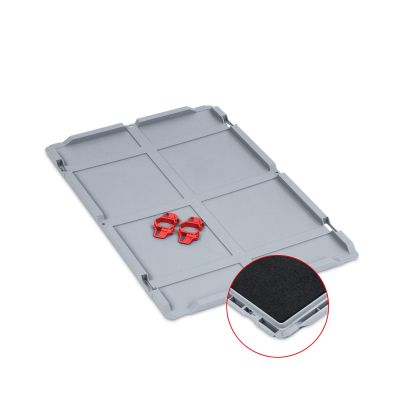 Grauer Auflagedeckel für Eurobox NextGen mit 4 darauf liegenden roten Schiebeschnappverschlüssen 