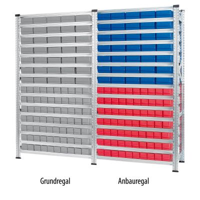 Stahl-Industrieregalwand: Grundregal mit grauen Industrieboxen und Anbauregal mit blauen und roten Industrieboxen 400 B/400 S