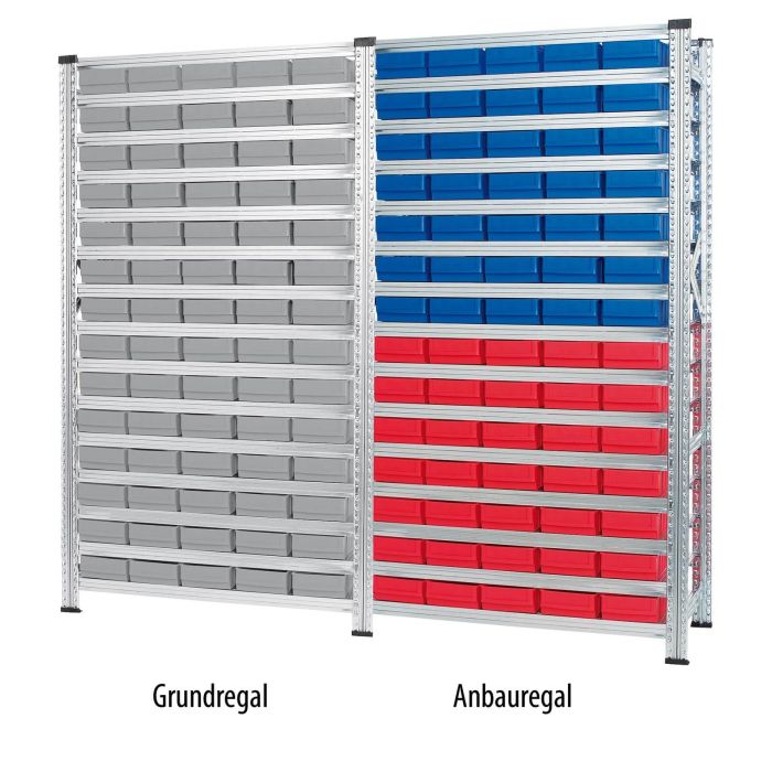 Industrieregal mit Grundregal und Erweiterung in Tiefe 50 cm, mit farbigen Industrieboxen 500 B in div. Farben