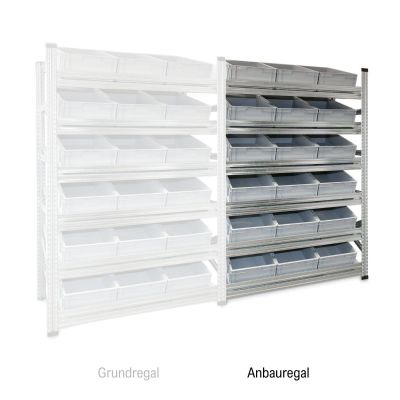 Schrägboden Anbauregal Tiefe 600 mit 6 Fachböden für Euroboxen NextGen