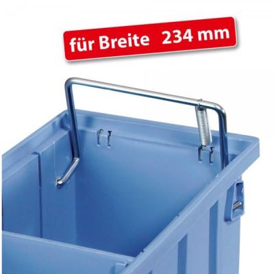 Detailaufnahme eines hellblauen Regalkastens mit einer silbernen Auszugsicherung aus Metall