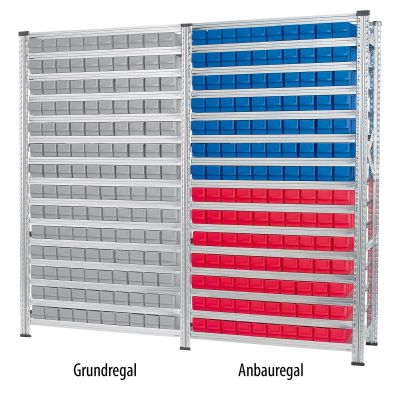 Stahlregal aus Grundregal mit grauen Industrieboxen und einem Anbauregal mit blauen und roten Industrieboxen 400 S