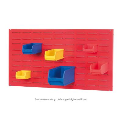 rote Systemplatte mit bunten Sichtlagerboxen in unterschiedlicher Größe