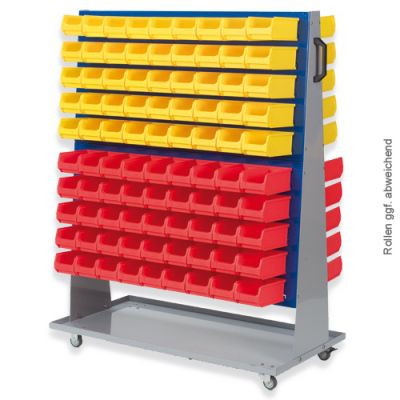 Grauer Systemwagen des Typ 2 mit je vier Reihen gelben und roten Sichtlagerboxen 2.0