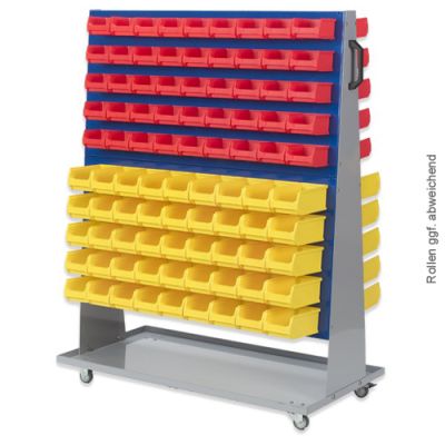 Grauer Systemwagen des Typ 4 mit roten Sichtlagerboxen 1.0 und gelben Sichtlagerboxen 2.0