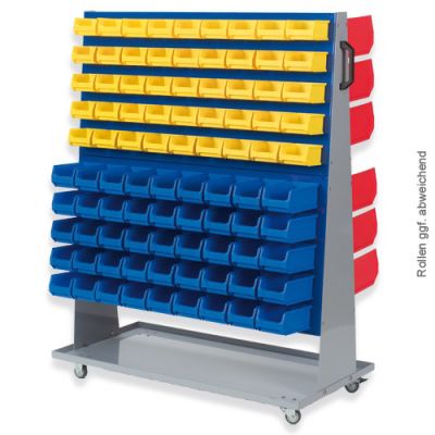 Grauer Systemwagen des Typ 6 mit gelben Sichtlagerboxen 1.0 und blauen Sichtlagerboxen 2.0