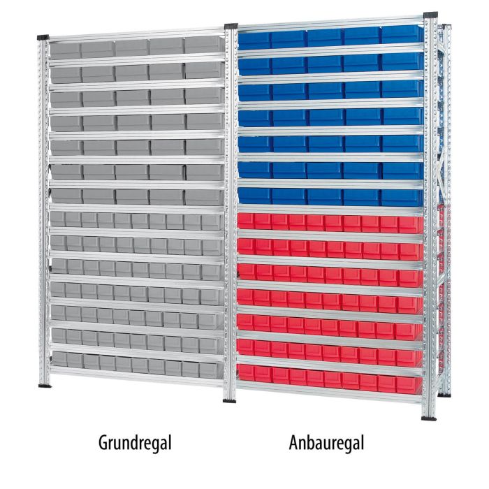 Kombination aus Grundregal mit grauen Industrieboxen und einem Anbauregal mit farbigen Industrieboxen 300 S/B