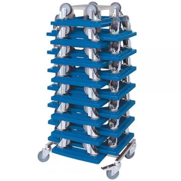 Rollerständer mit 15 offene blauen Standard Transportrollern mit 4 Gummilenkrollen