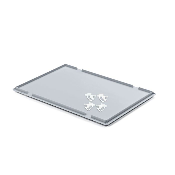 Grauer Auflagedeckel UNISTA zum Verschließen von Eurobehältern mit den Maßen 600 x 400, inklusive vier Schiebeschnappverschlüssen 