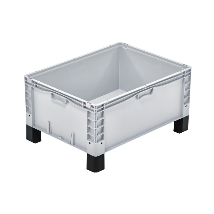 Formstabiler, hellgrauer Euro-Norm Großbehälter mit schwarzen Füßen