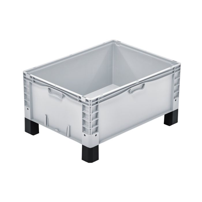 Formstabiler, hellgrauer Euro-Norm Großbehälter mit schwarzen Füßen