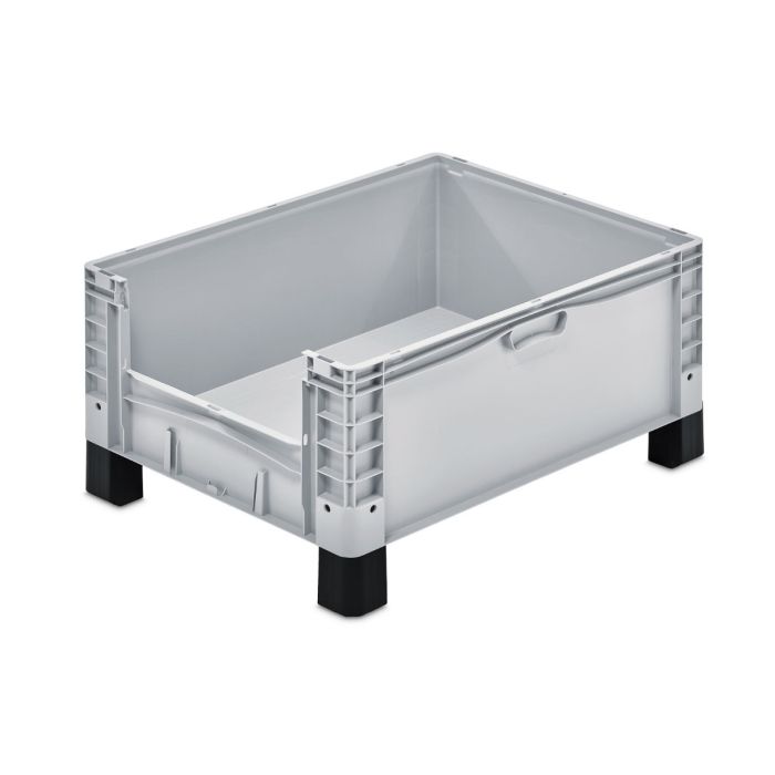 Formstabiler, hellgrauer Euro-Norm Großbehälter mit schwarzen Füßen und Entnahmeöffnung