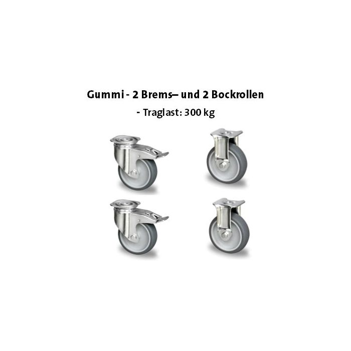 Abbildung von zwei kugelgelagerte Bremsrollen und zwei Bockrollen aus Gummi mit einer Traglast von 300 kg
