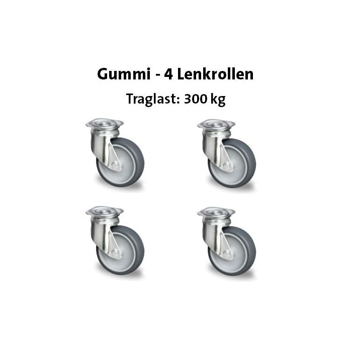 Abbildung von vier Lenkrollen aus Gummi mit einer Traglast von 300 kg