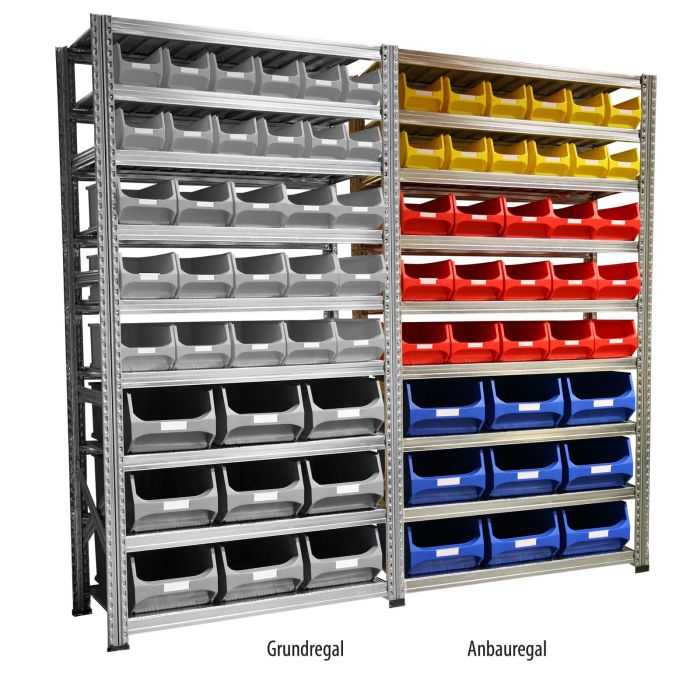 Kombination aus Grundregal und Anbauregal, Tiefe 50 cm, mit Sichtlagerboxen 5.0, 4.0 und 3.0 in div. Farben