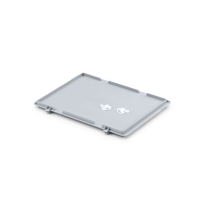 Hellgrauer Scharnierdeckel mit zwei Schiebeschnappverschlüssen für Eurobehälter mit den Maßen 400x300mm