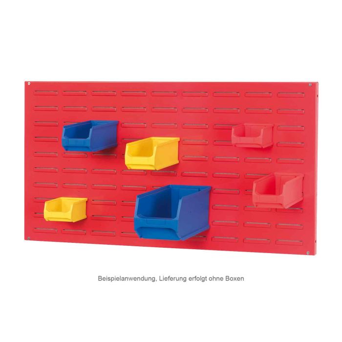 rote Systemplatte mit bunten Sichtlagerboxen in unterschiedlicher Größe