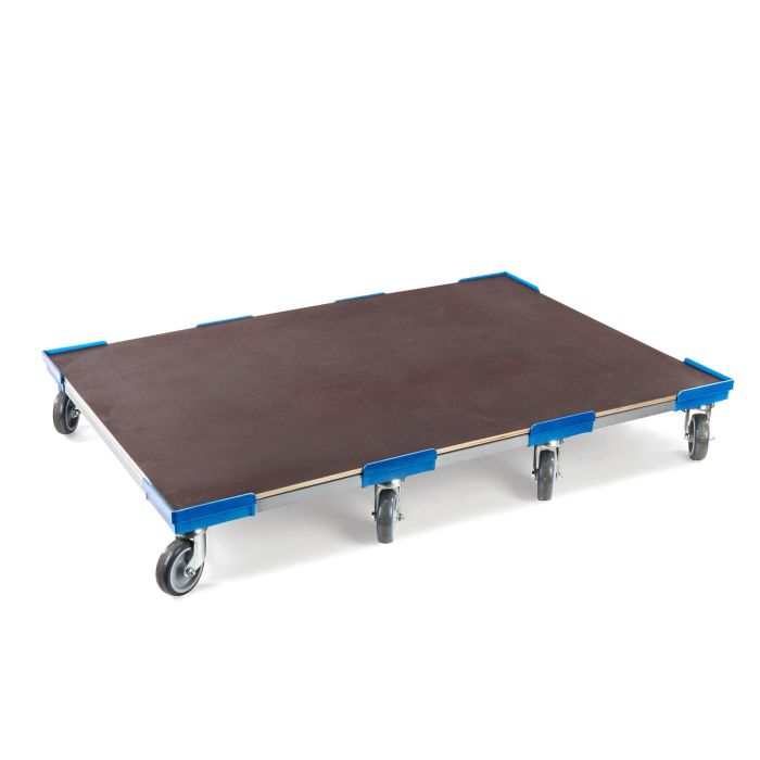 Blauer Transportrollwagen VARIABLE mit acht leise laufenden Gummirollen und Einlageboden