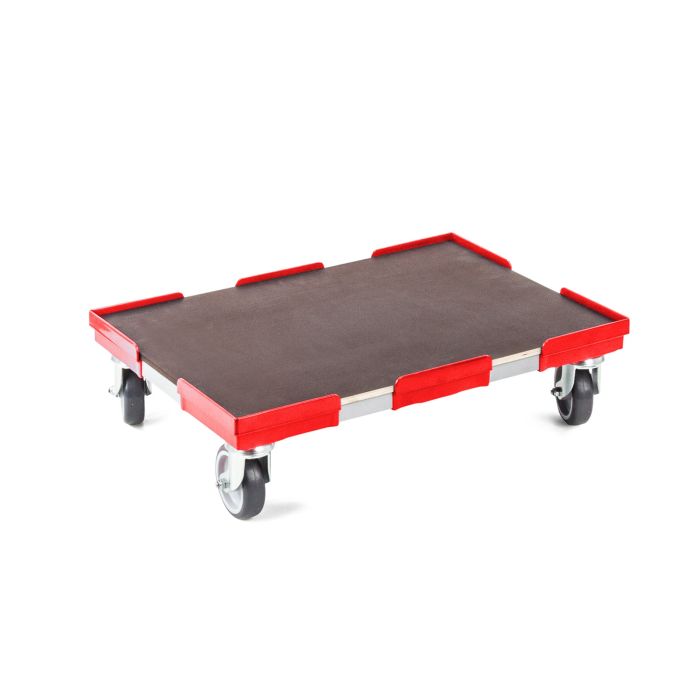 Roter Transportrollwagen VARIABLE mit vier leise laufenden Gummirollen und Einlegeboden