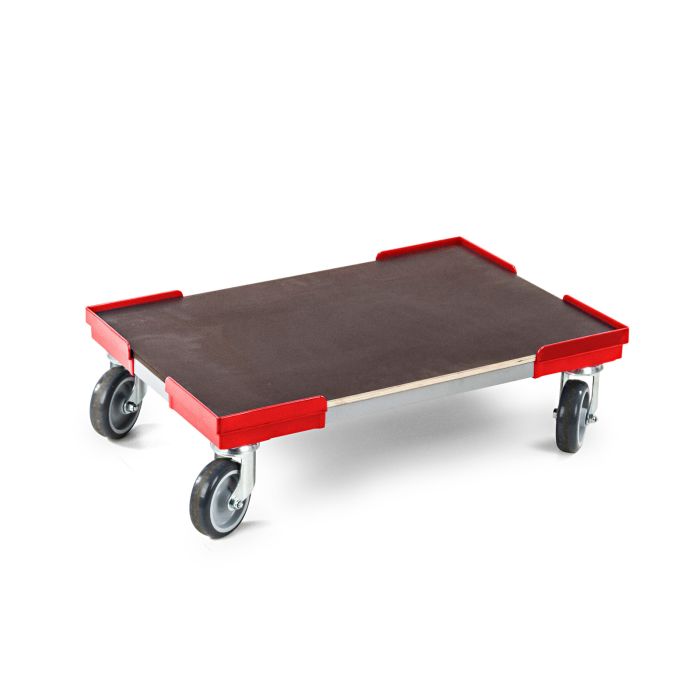 Roter Transportrollwagen VARIABLE mit vier leise laufenden Gummirollen und Einlegeboden
