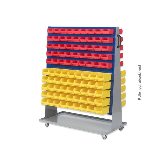 Grauer Systemwagen des Typ 4 mit roten Sichtlagerboxen 1.0 und gelben Sichtlagerboxen 2.0