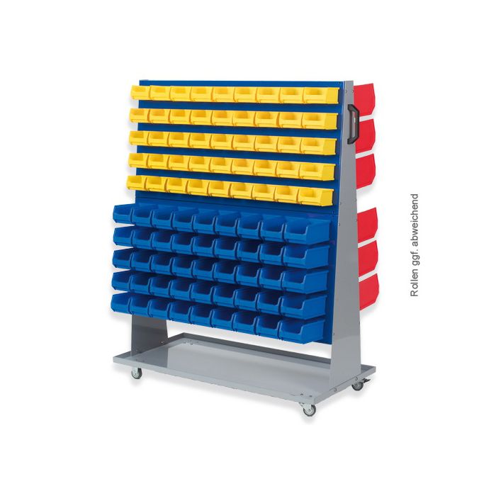 Grauer Systemwagen des Typ 6 mit gelben Sichtlagerboxen 1.0 und blauen Sichtlagerboxen 2.0