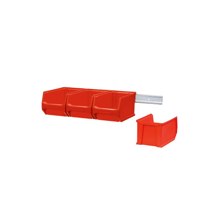 Wandleiste mit 3 hängenden roten Sichtlagerboxen 3.0 und einer separaten roten Sichtlagerbox