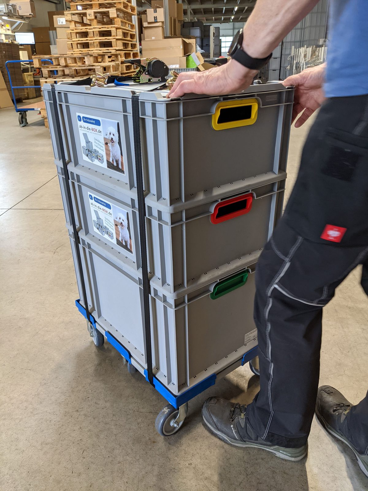Euroboxen lassen sich komfortabel transportieren und sicher übereinander stapeln.