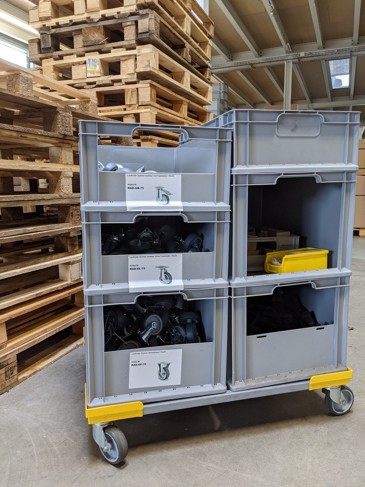 Euroboxen auf Transportroller.