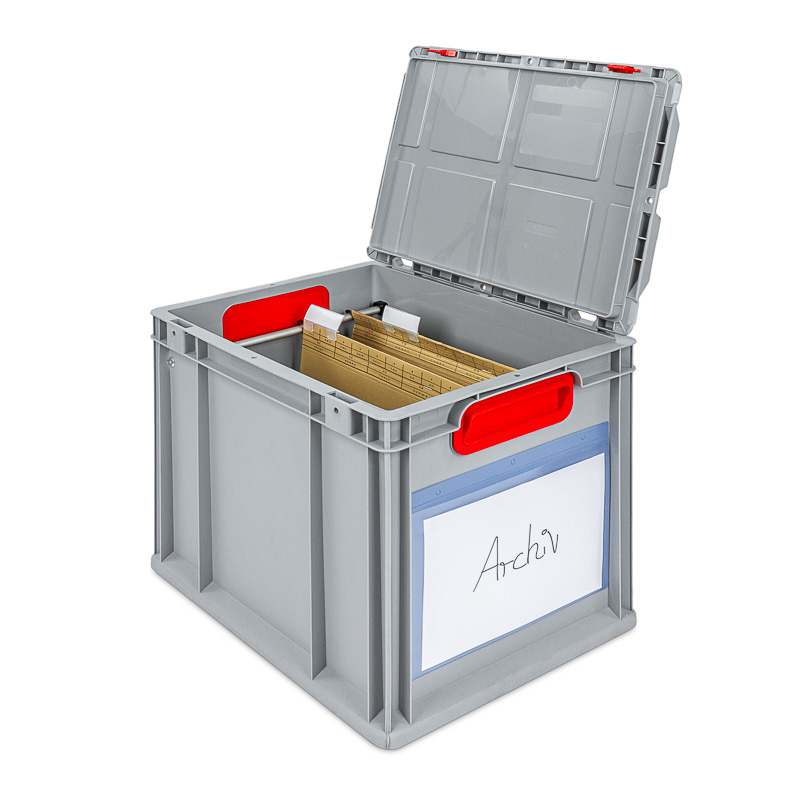 H&auml;ngeregisterbox mit Deckel und Beschriftung