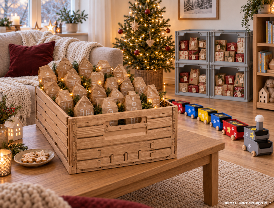 Wohnzimmer mit drei verschiedenen Adventskalendern aus Kunststoffboxen